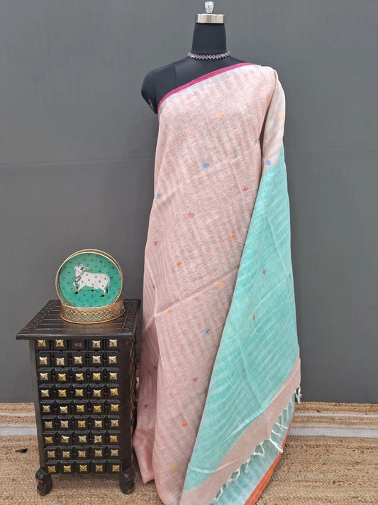 Peach with White Pure Linen Saree 