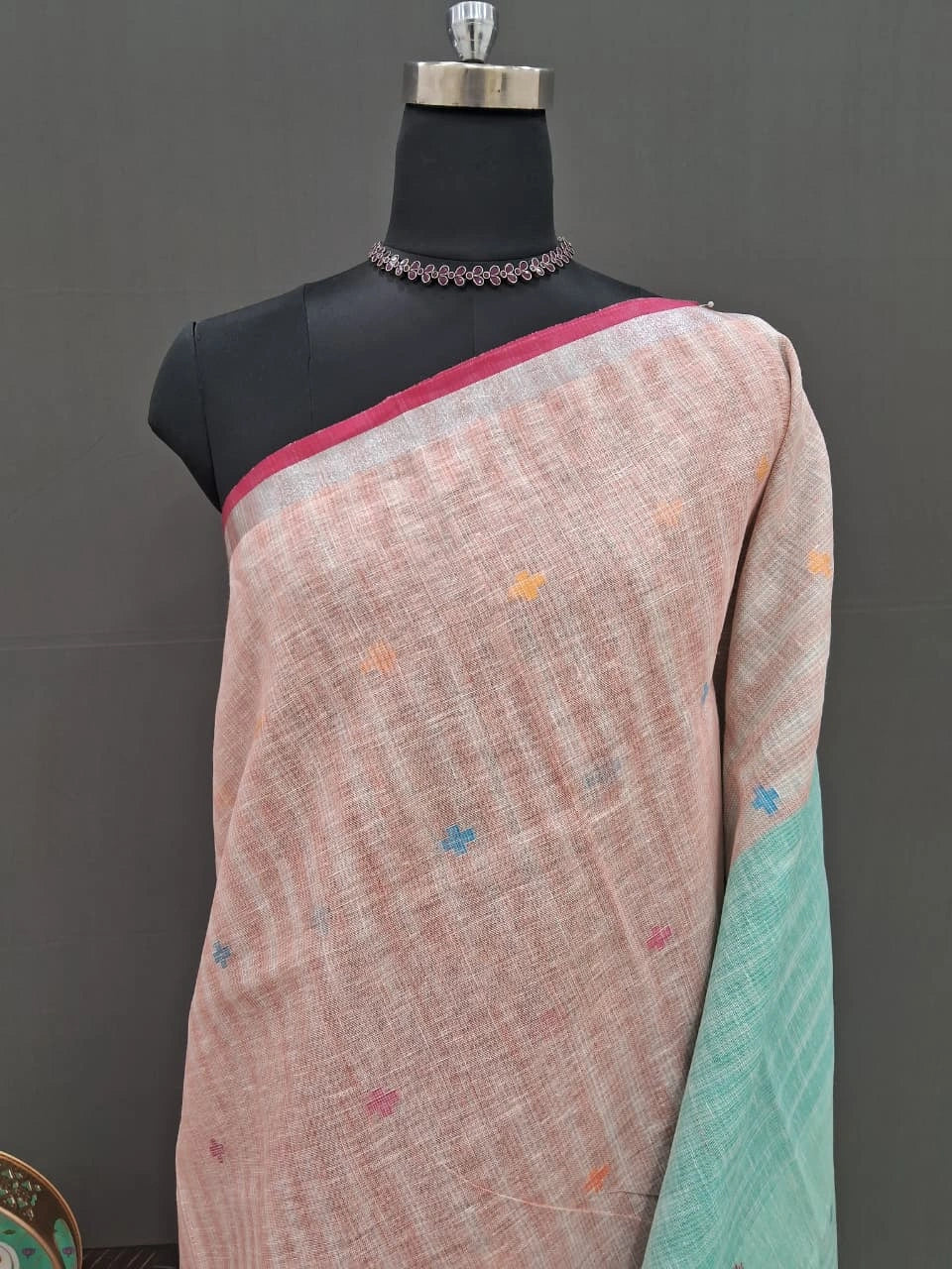 Peach with White Pure Linen Saree 1
