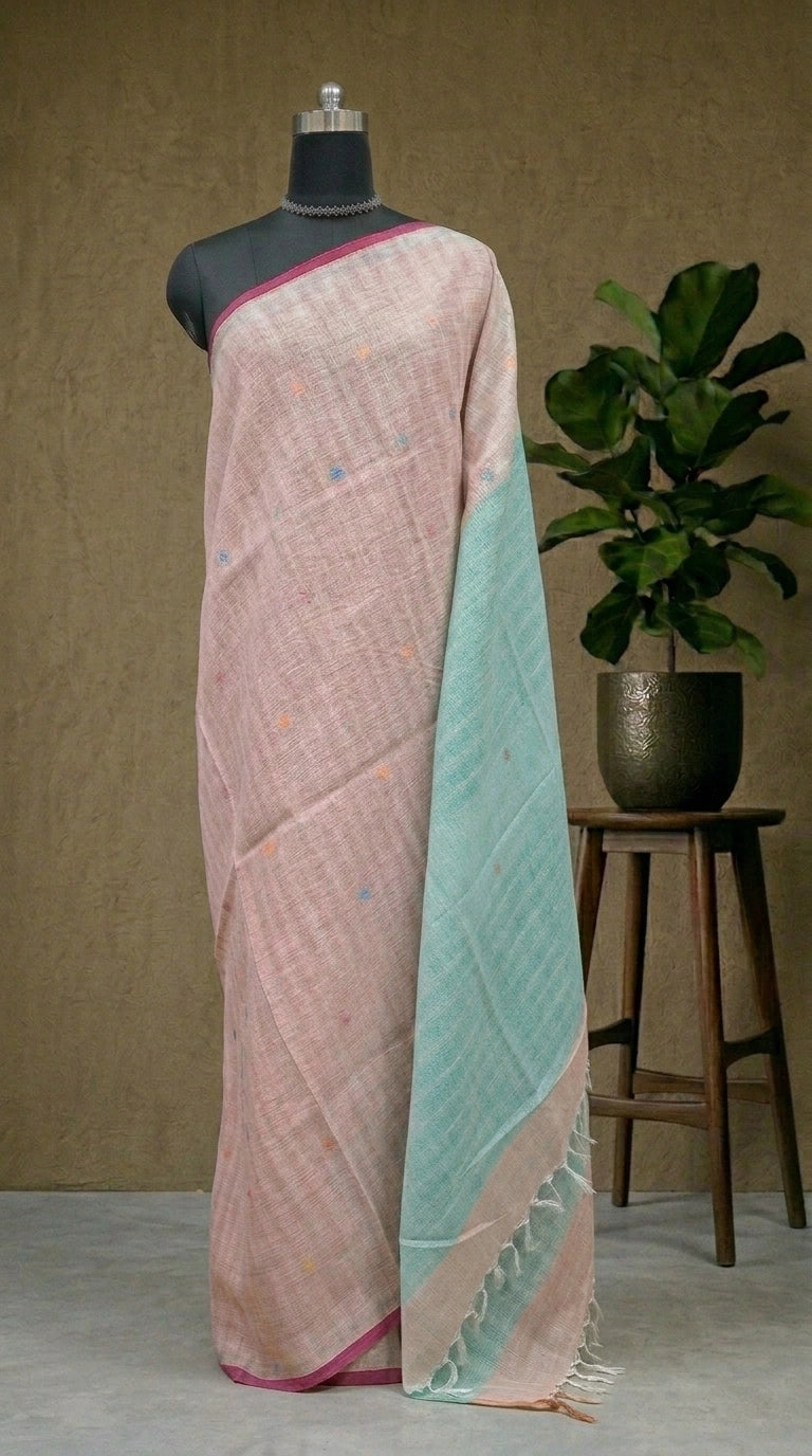 Peach with White Pure Linen Saree 