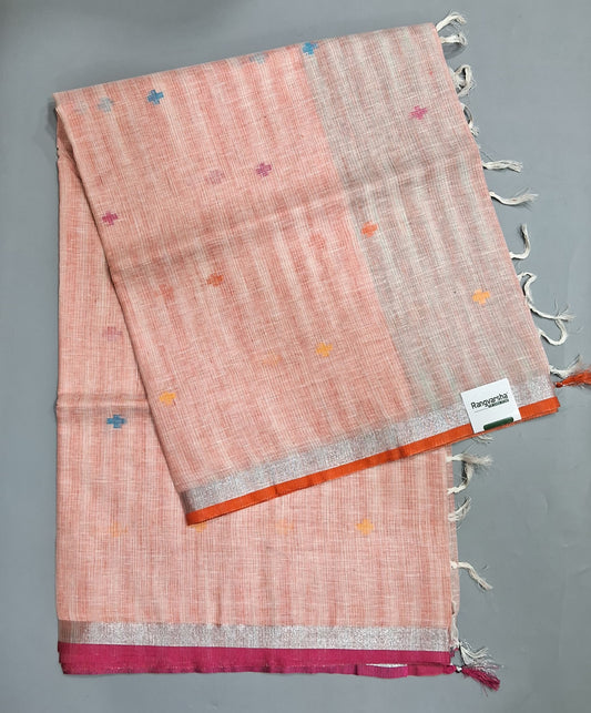 Peach with White Pure Linen Saree