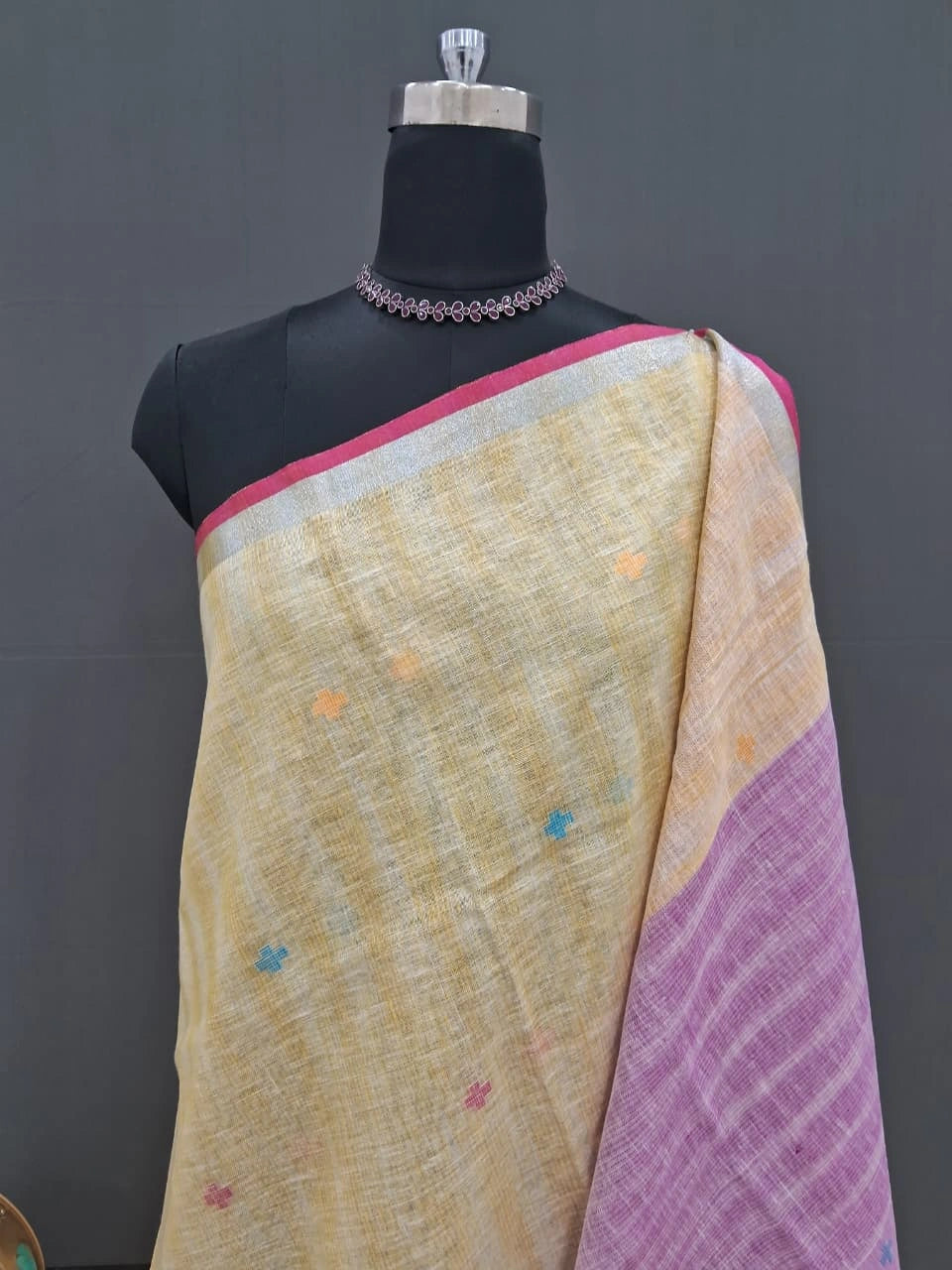 Lemon Yellow with White Pure Linen Saree 1