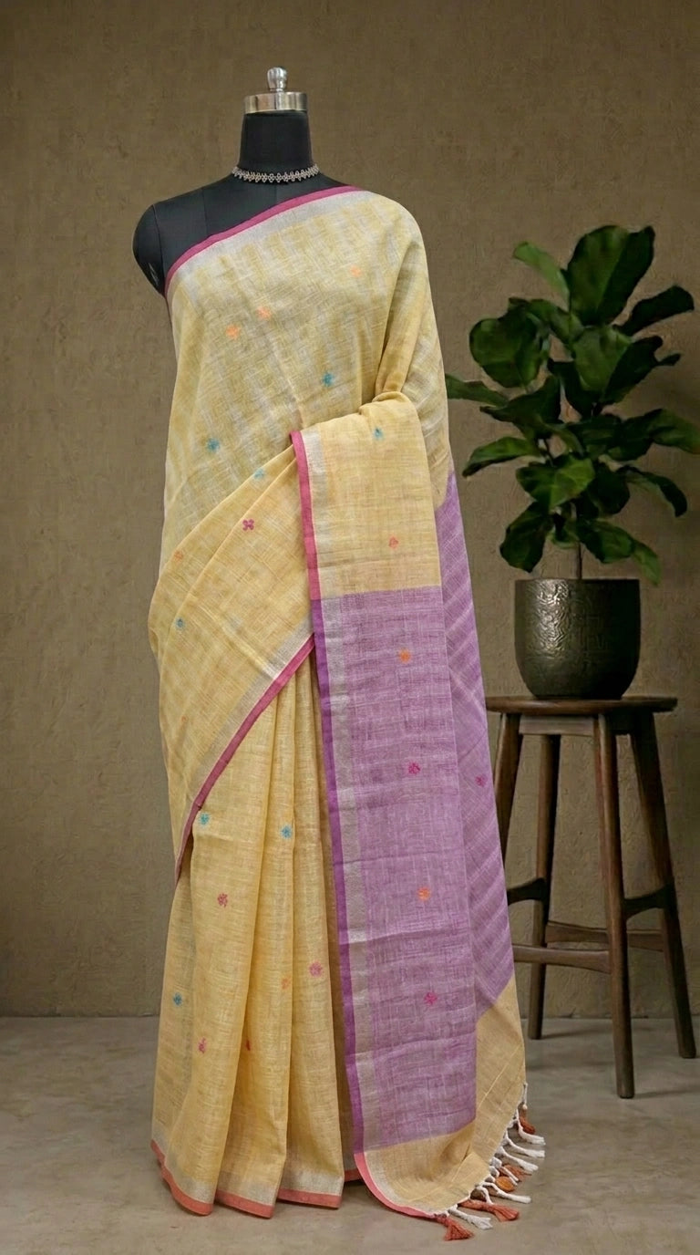 Lemon Yellow with White Pure Linen Saree 