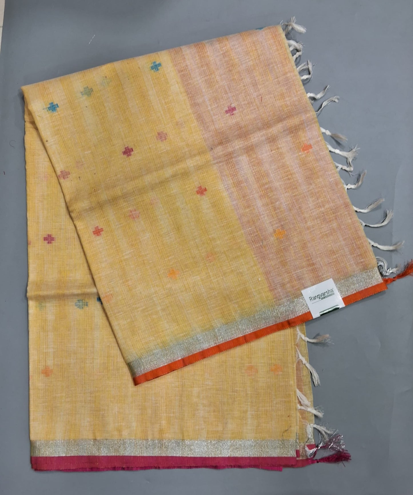 Lemon Yellow with White Pure Linen Saree