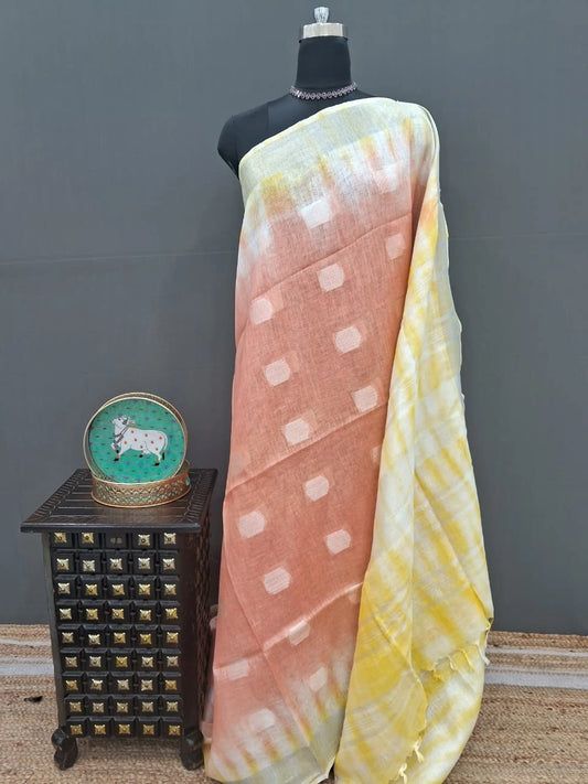 Peach Pure Linen Saree 
