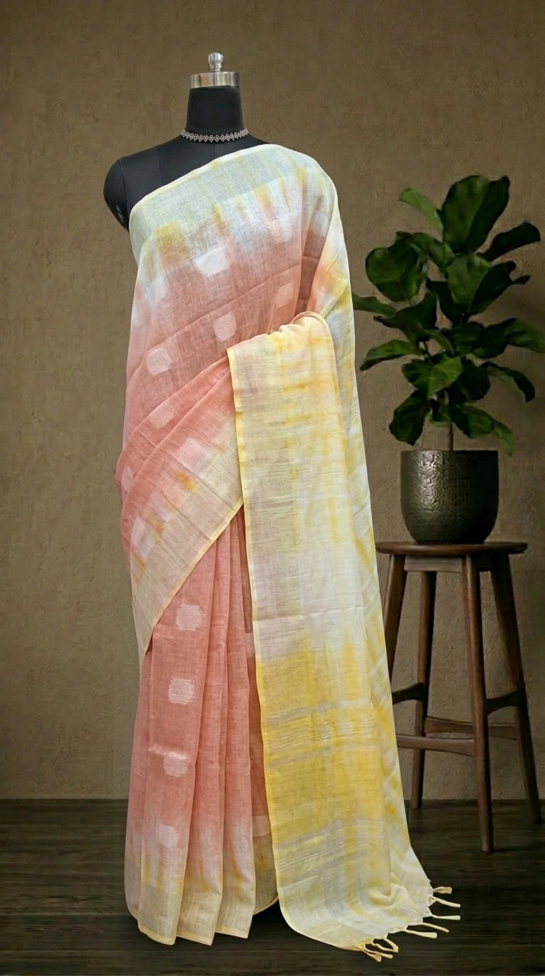 Peach Pure Linen Saree 