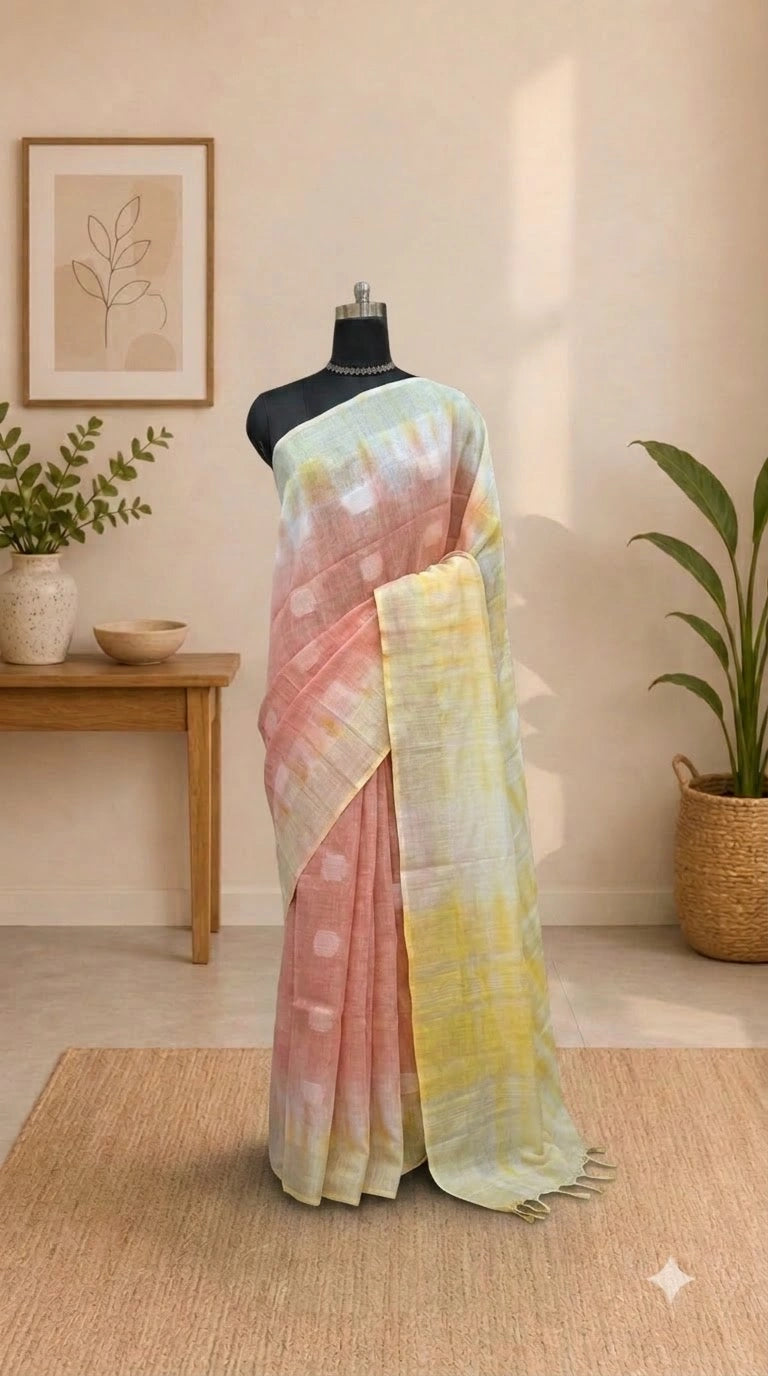 Peach Pure Linen Saree 