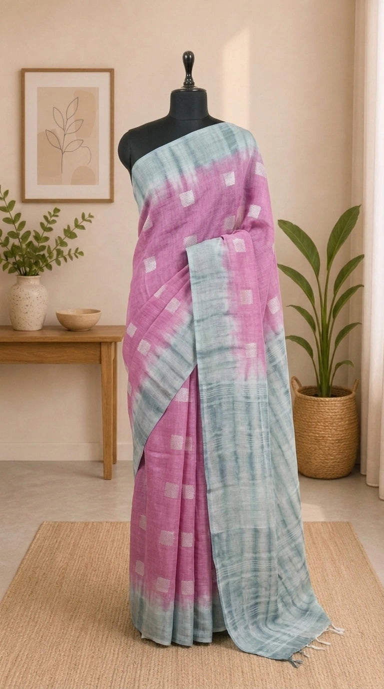 Pink Pure Linen Saree 