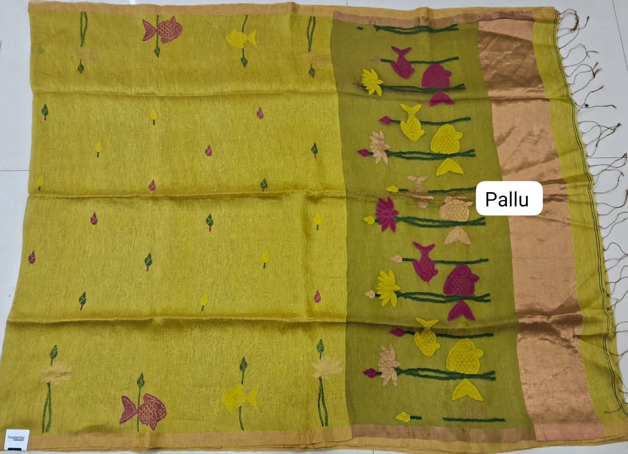 Green Pure Silk Linen Saree Pallu