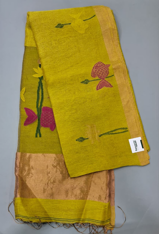 Green Pure Silk Linen Saree 