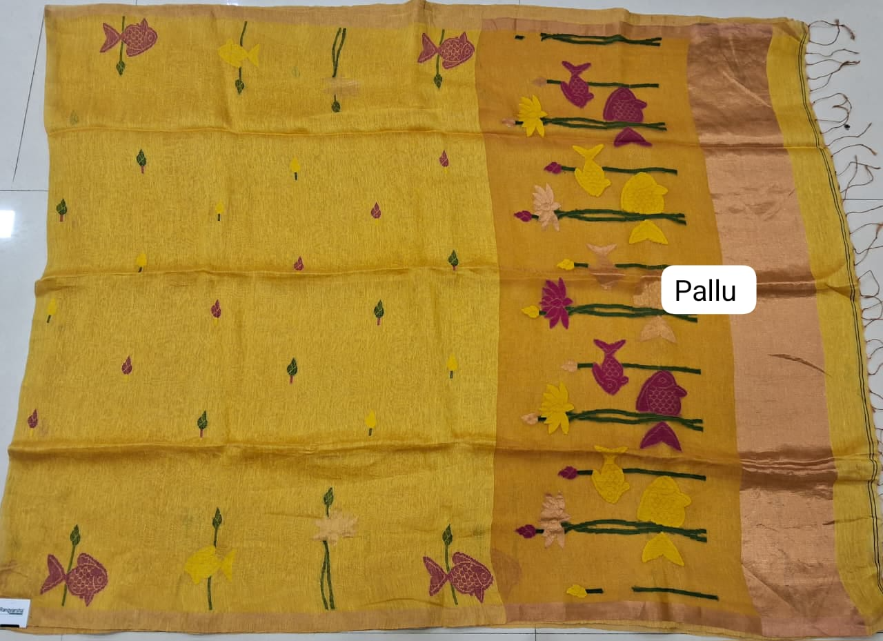 Mango Yellow Pure Silk Linen Saree Pallu