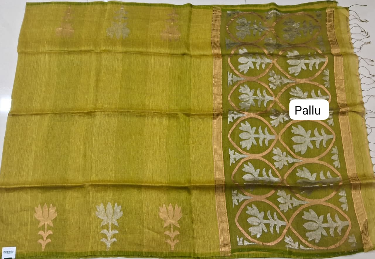 Green Pure Silk Lenin Saree Pallu