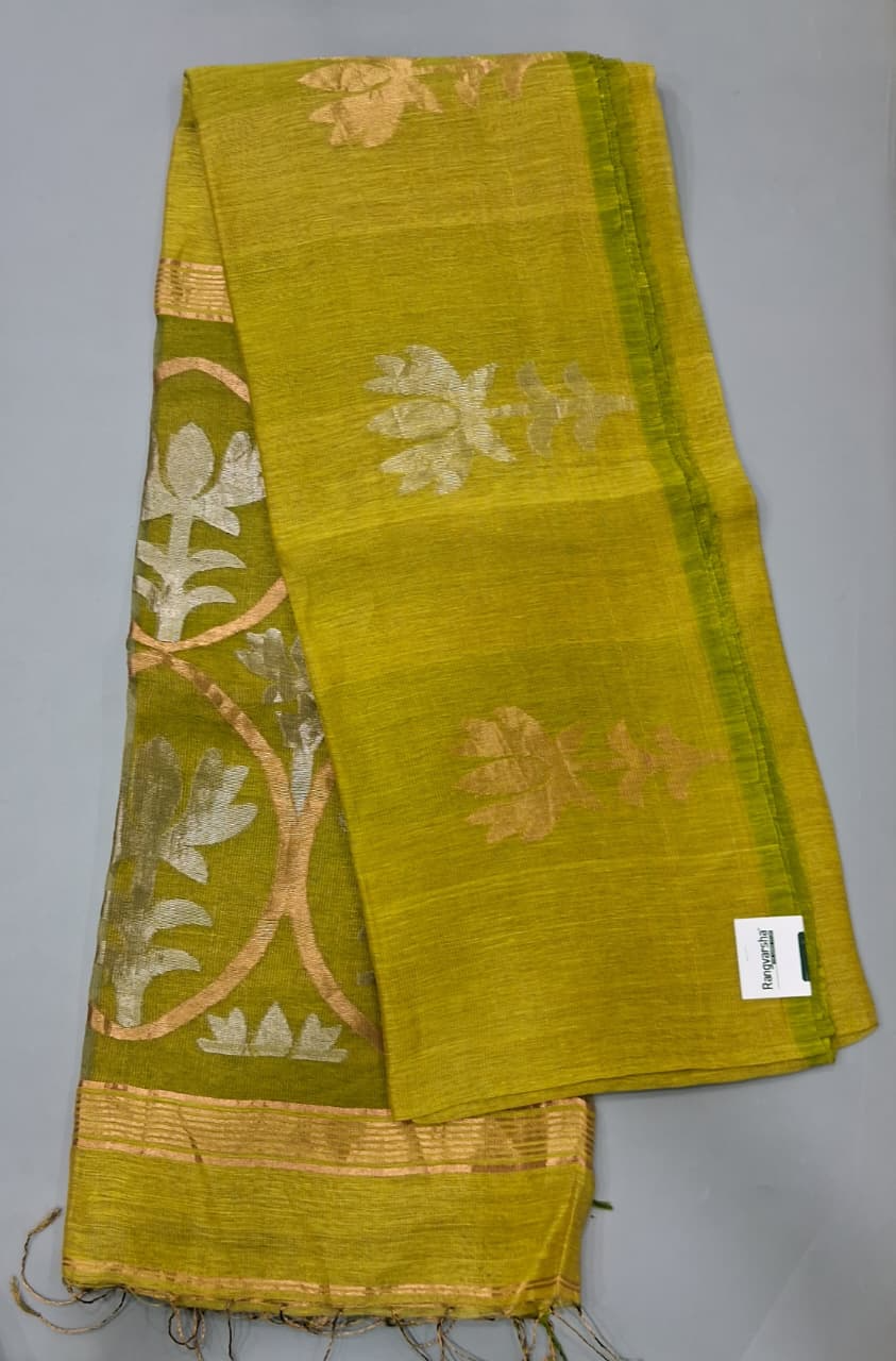 Green Pure Silk Lenin Saree 
