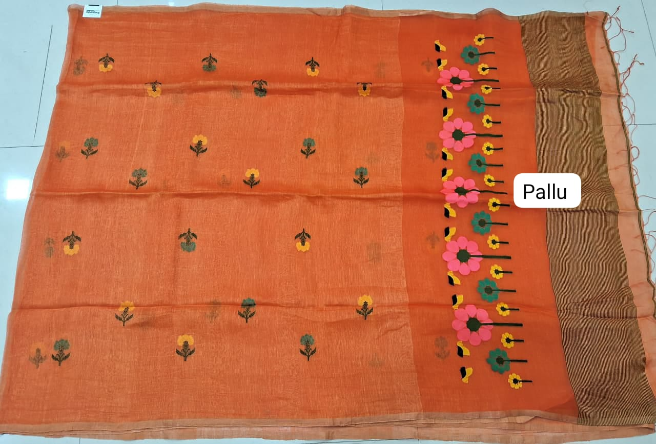 Tangerine Orange Pure Silk Linen Saree Pallu