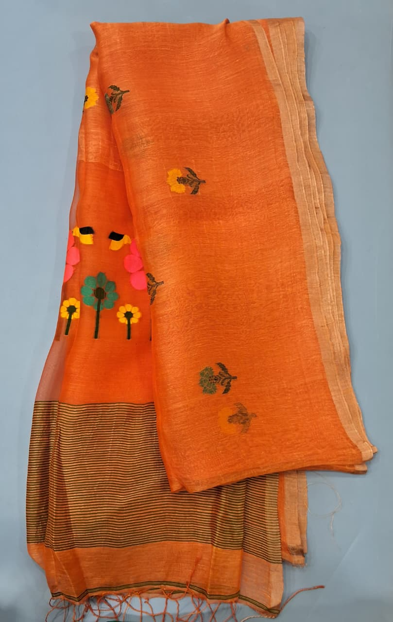 Tangerine Orange Pure Silk Linen Saree