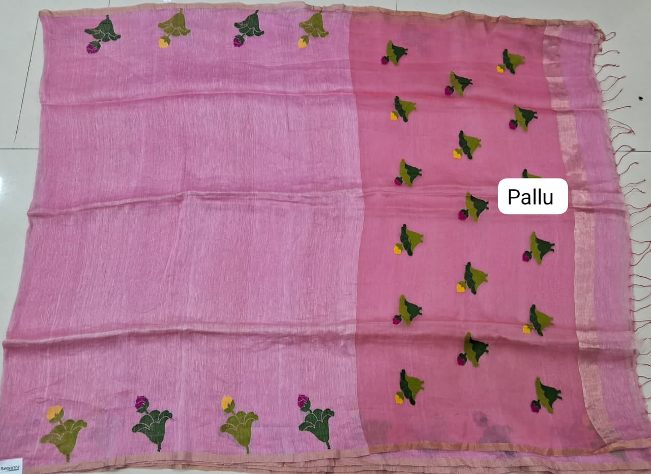 Pink Pure Silk Linen Saree Pallu