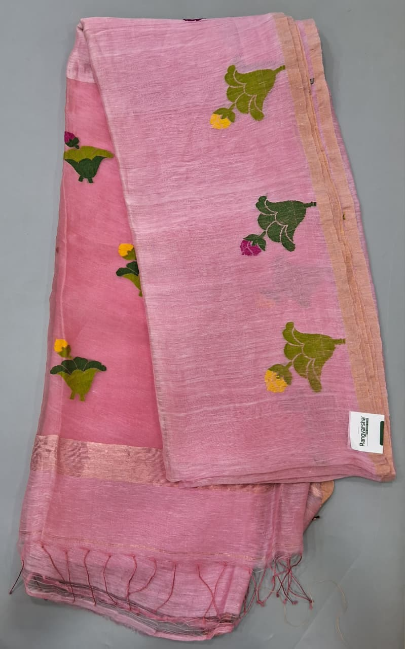 Pink Pure Silk Linen Saree