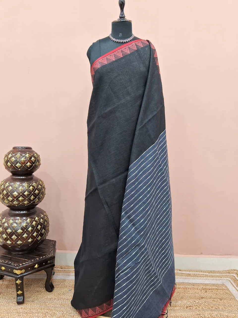 Black Pure Linen Saree 