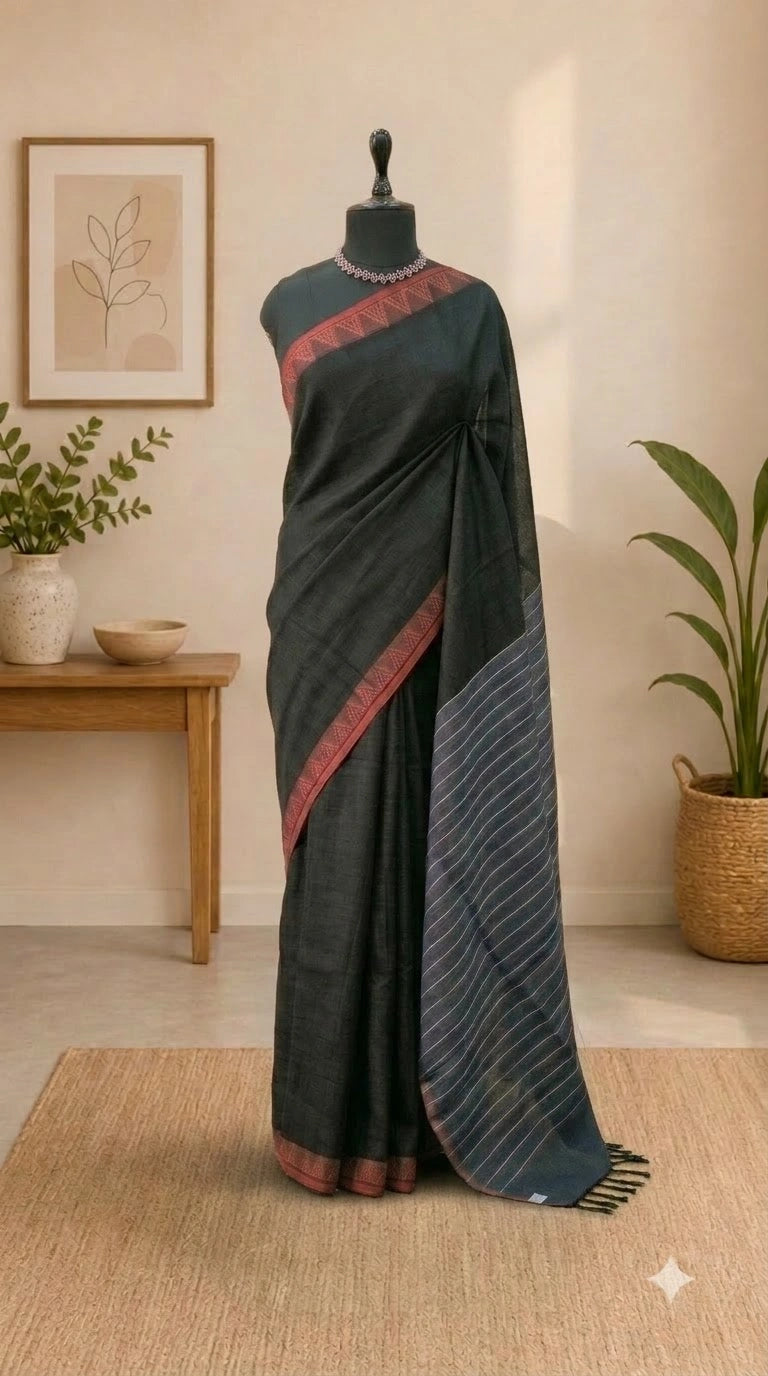 Black Pure Linen Saree 