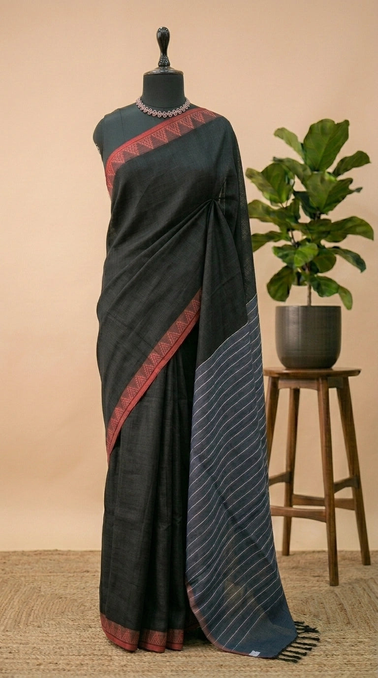 Black Pure Linen Saree 