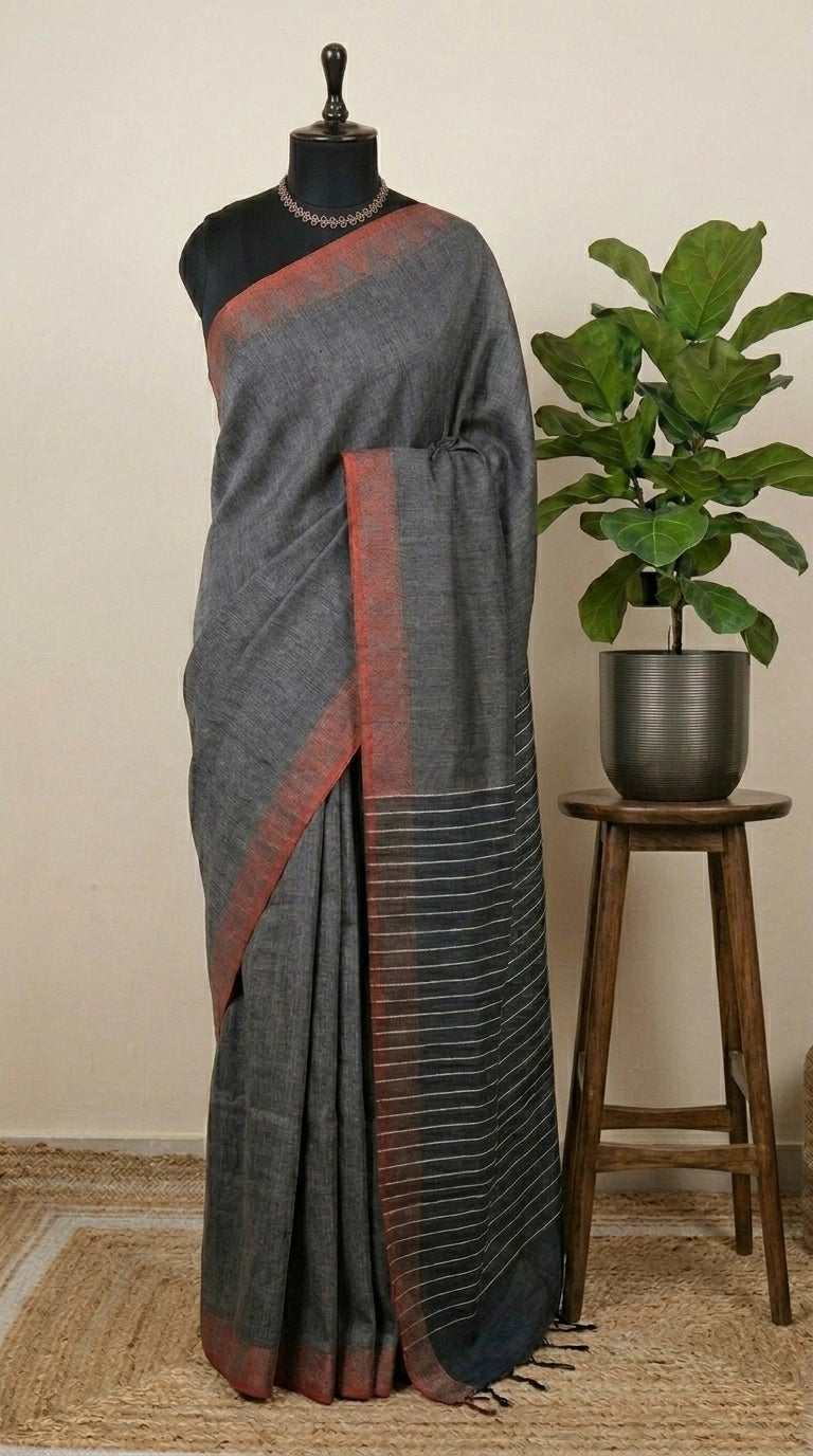 Grey Shaded Pure Linen Saree