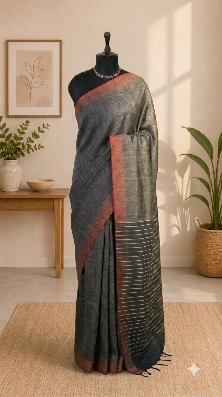 Grey Shaded Pure Linen Saree