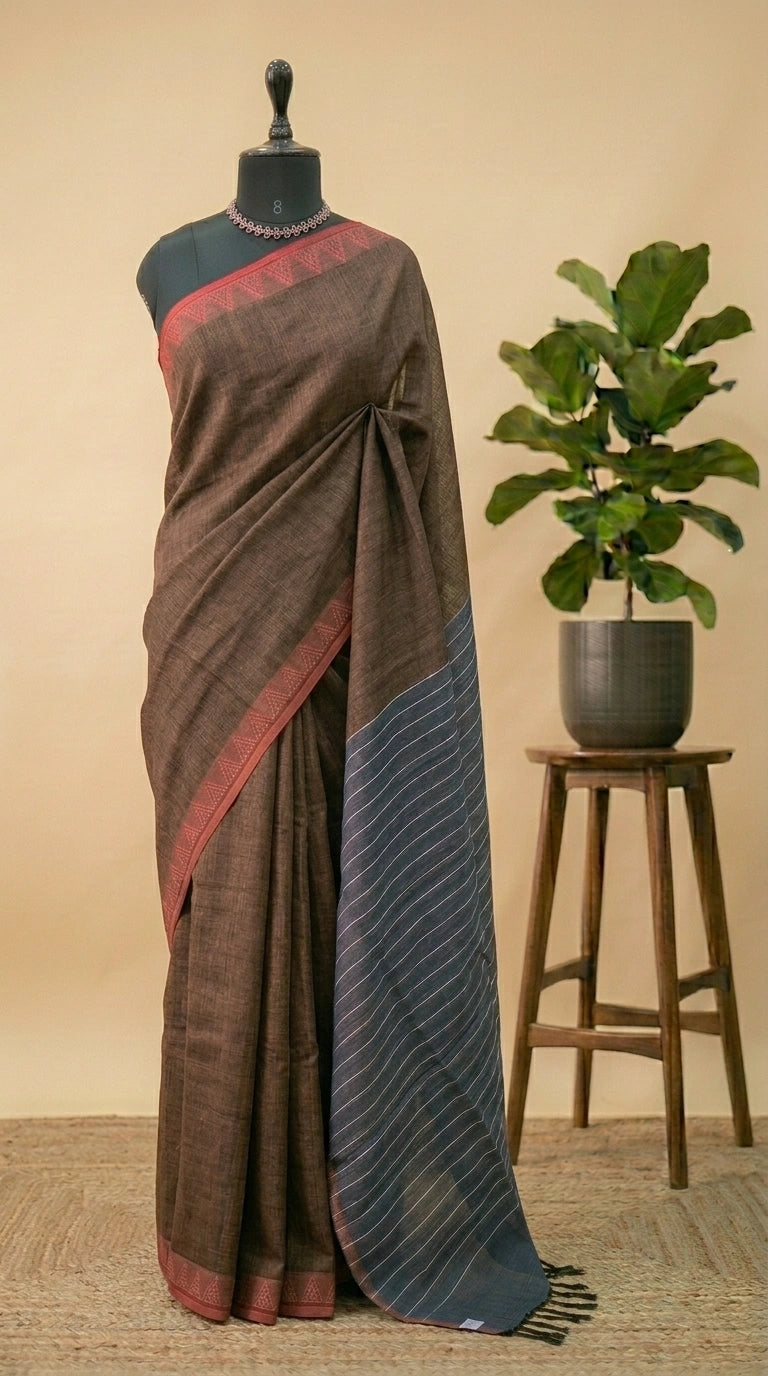 Copper Brown Shaded Pure Linen Saree