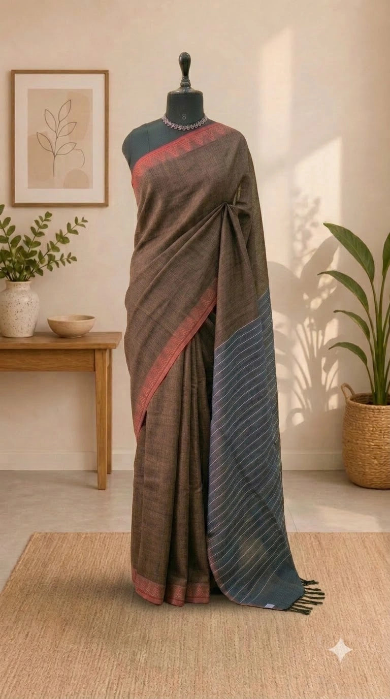 Copper Brown Shaded Pure Linen Saree