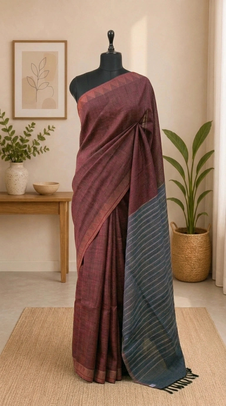 Dark Maroon Shaded Pure Linen Saree