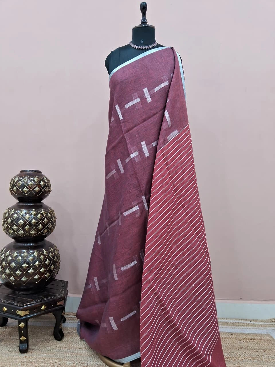 Rich Maroon Pure Linen Cotton Saree