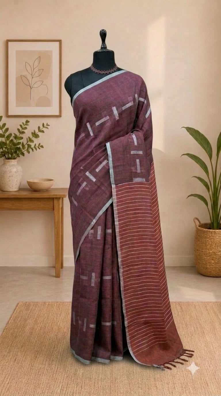 Rich Maroon Pure Linen Cotton Saree