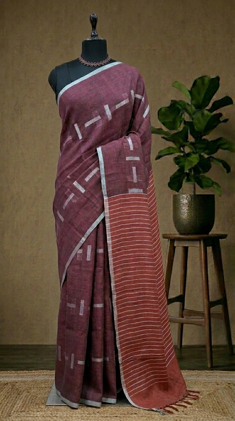 Rich Maroon Pure Linen Cotton Saree