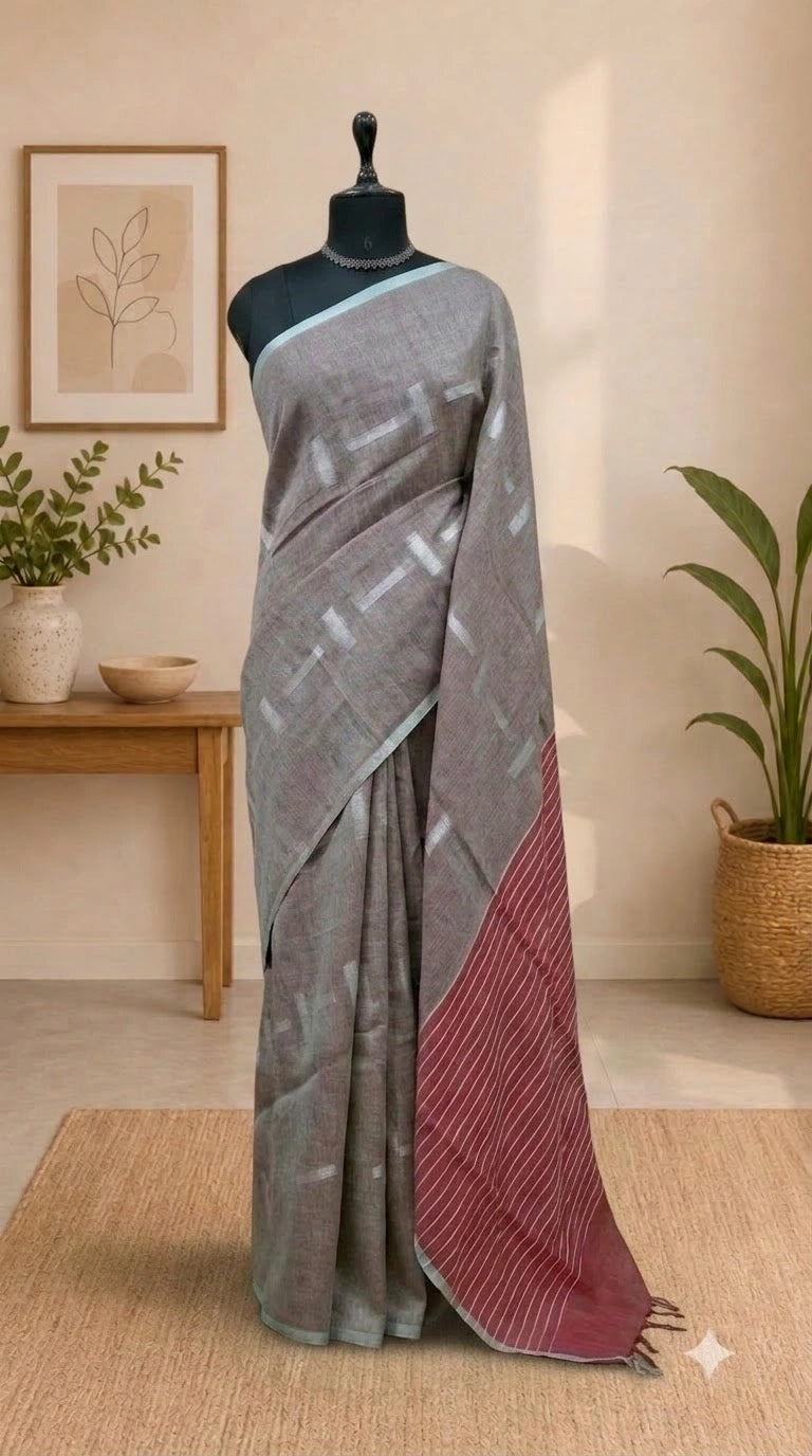 Dusty Grey Pure Linen Cotton Saree