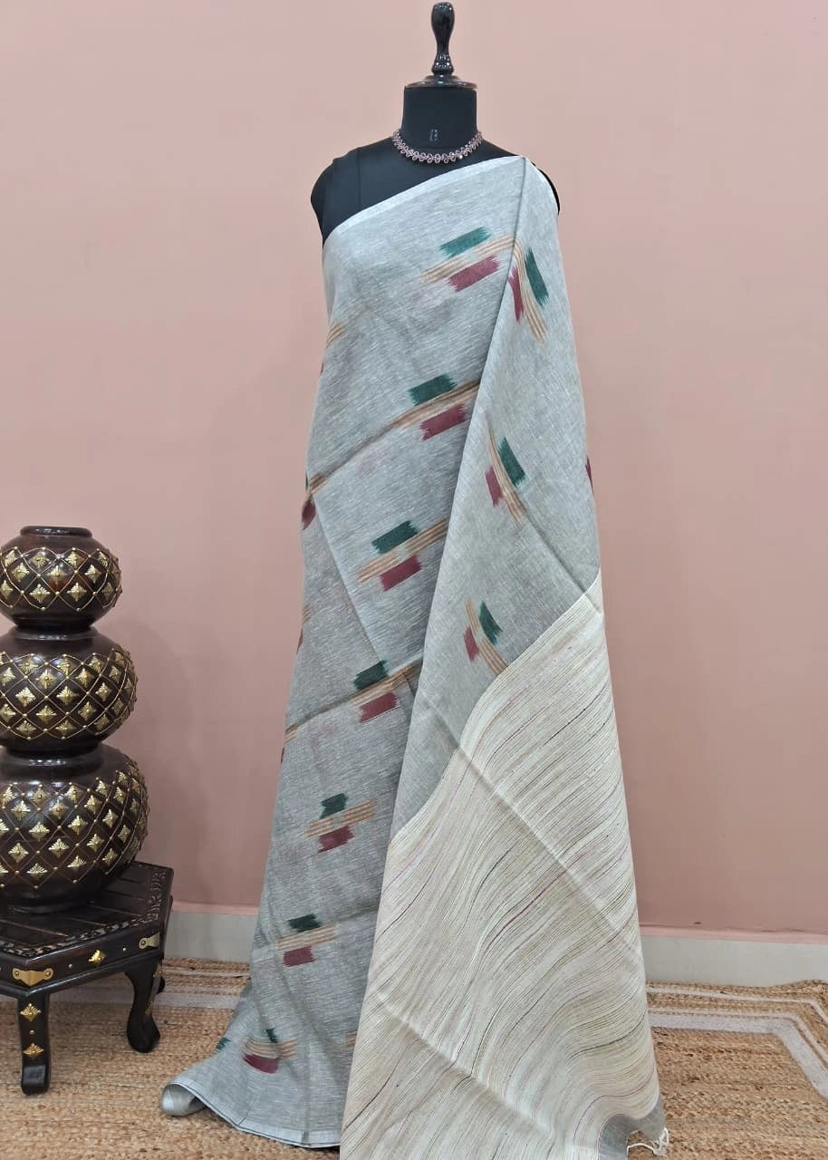 Muted Grey Pure Linen Saree 