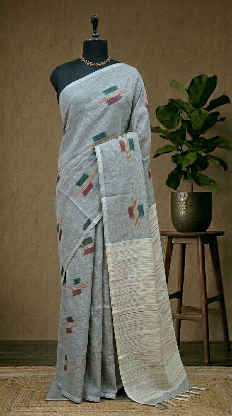 Muted Grey Pure Linen Saree 