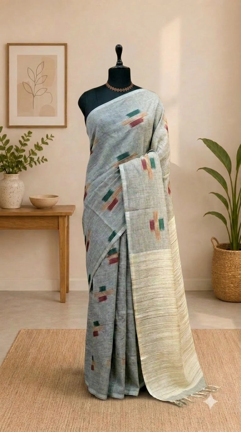 Muted Grey Pure Linen Saree 