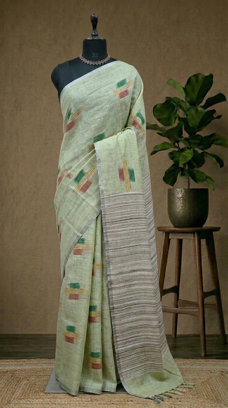 Light Pista Green Pure Linen Saree 