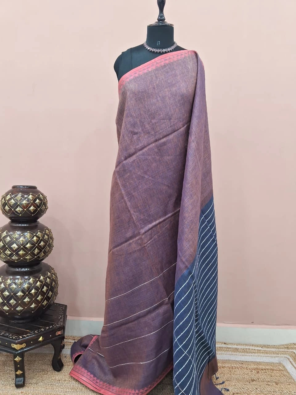 Mauve Brown plain Pure Linen Saree 