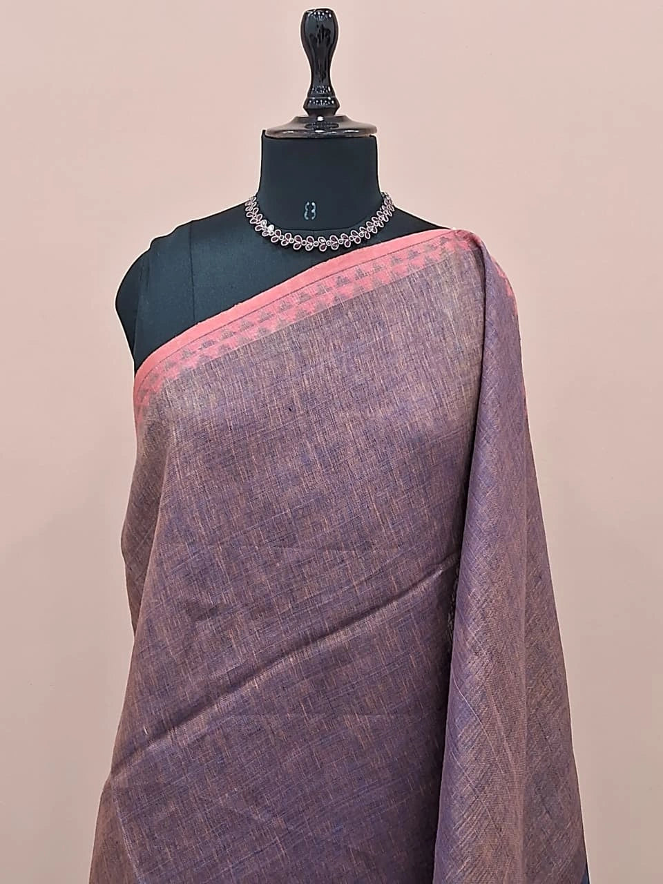 Mauve Brown plain Pure Linen Saree 1