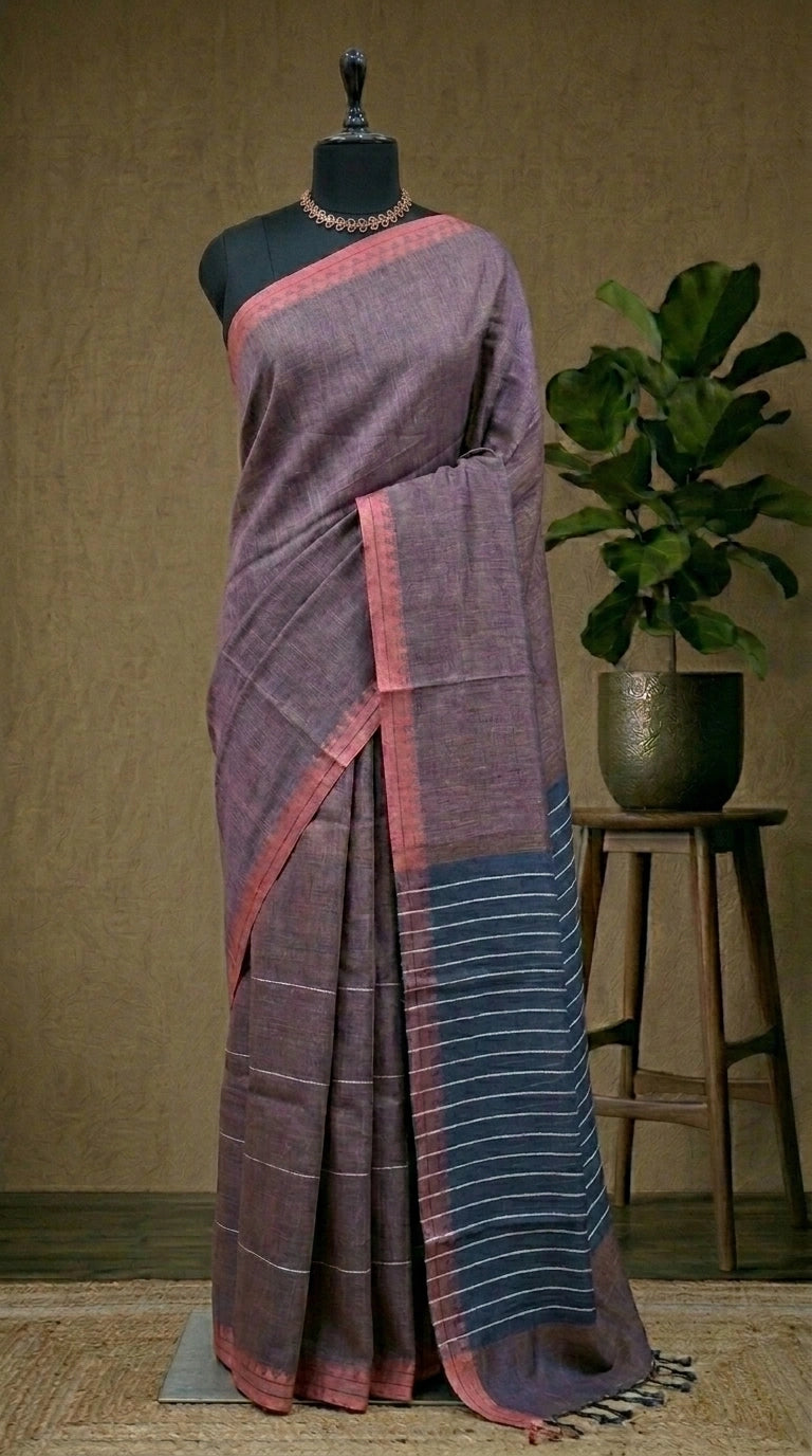 Mauve Brown plain Pure Linen Saree 
