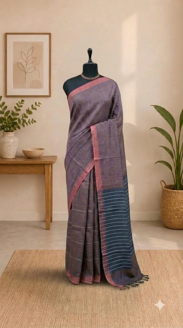 Mauve Brown plain Pure Linen Saree 
