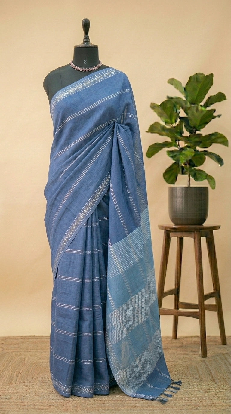 Steel Blue Pure Linen Saree