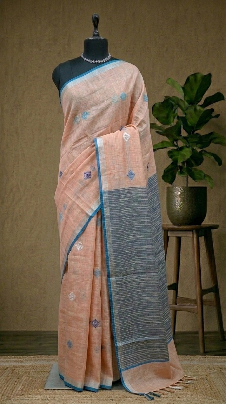 Elegant Peach Pure Linen Saree