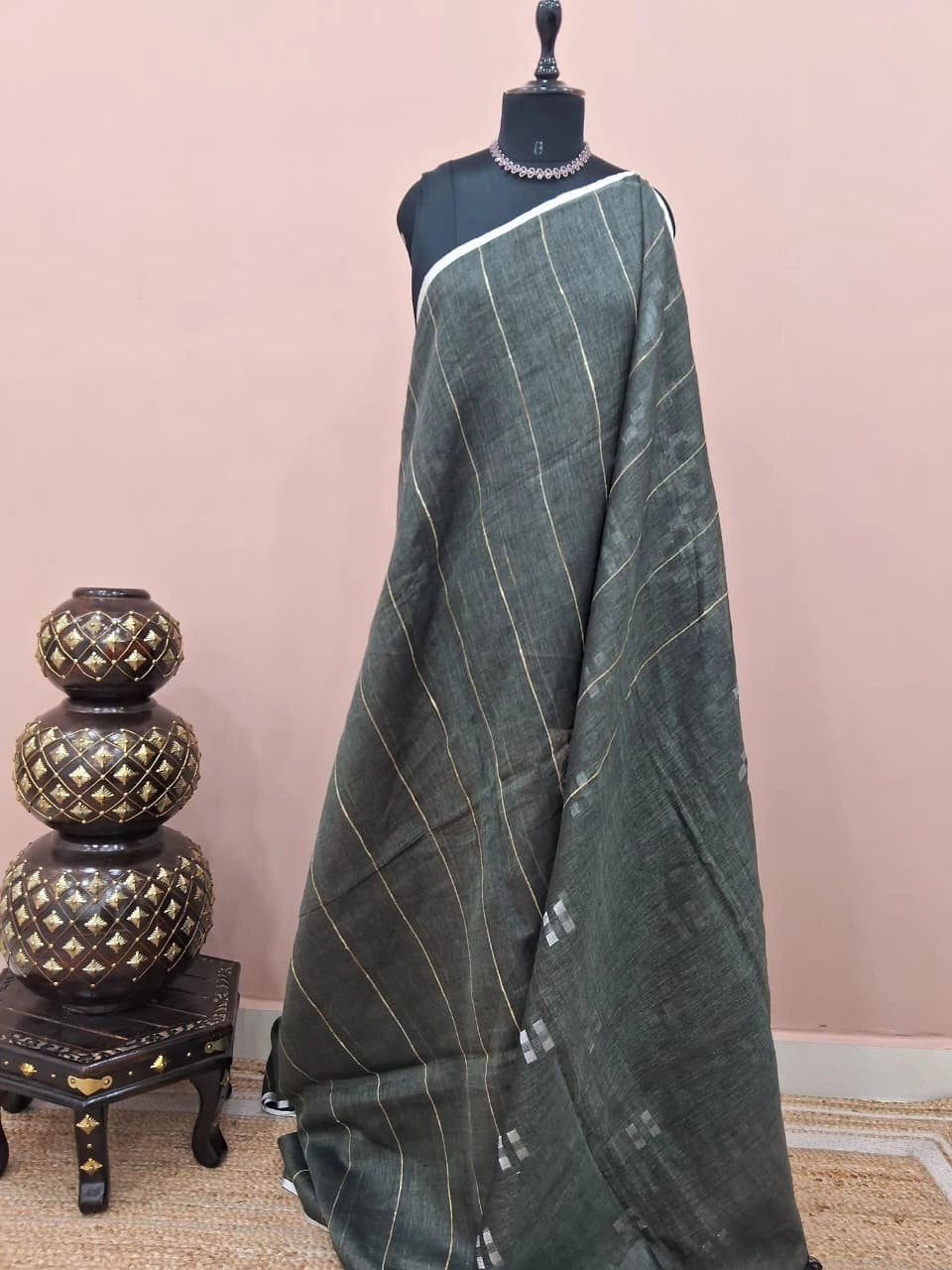 Dark Grey Pure Linen Saree