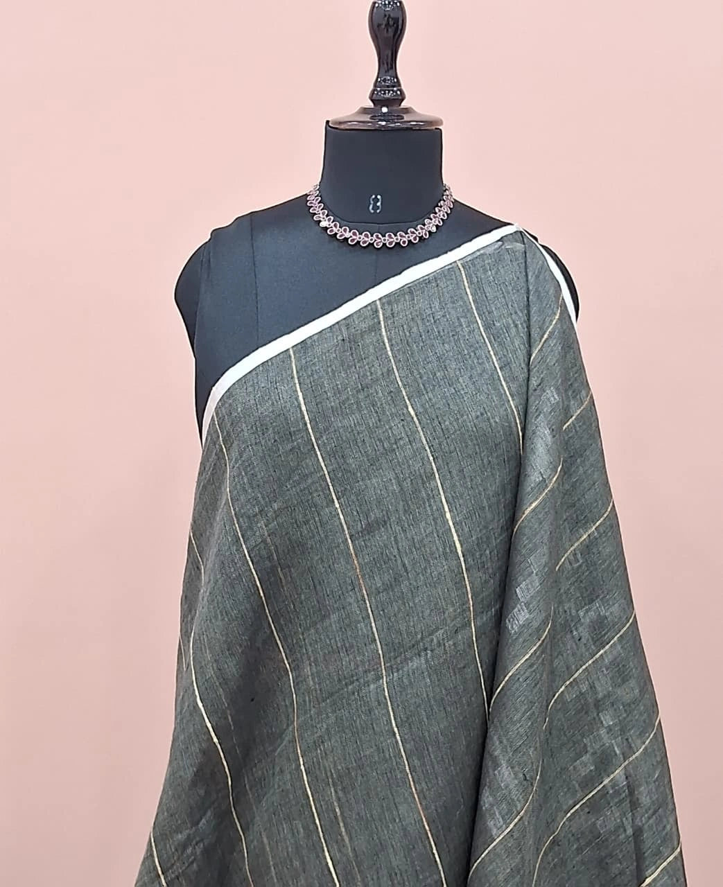 Dark Grey Pure Linen Saree 1