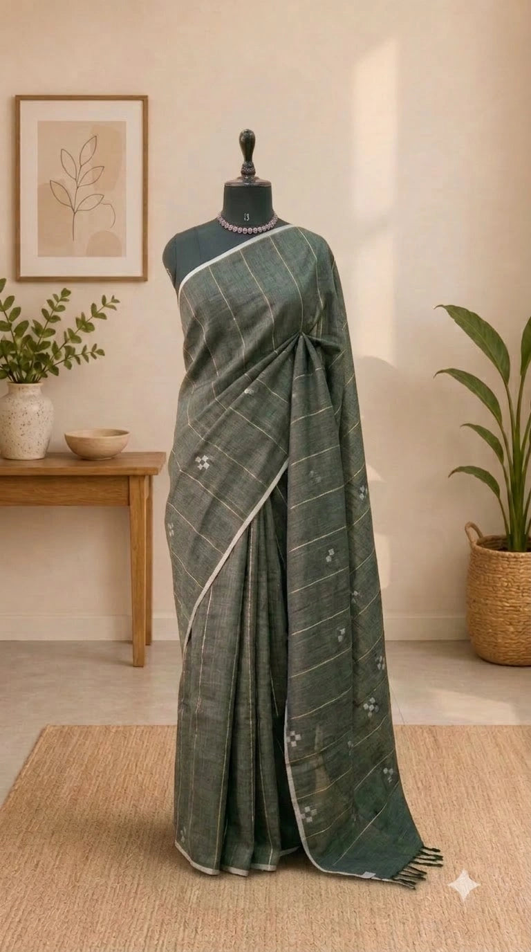 Dark Grey Pure Linen Saree