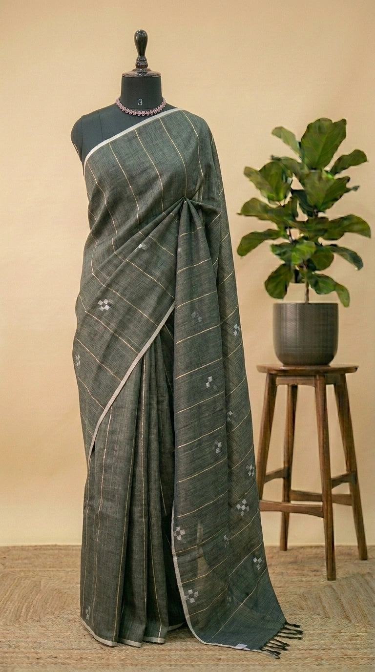 Dark Grey Pure Linen Saree