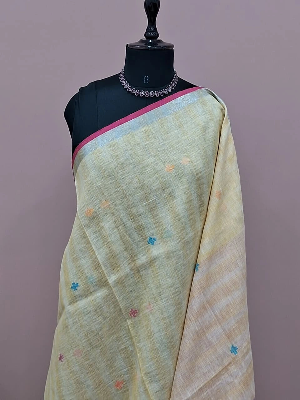 Pale yellow Pure Linen Saree 1