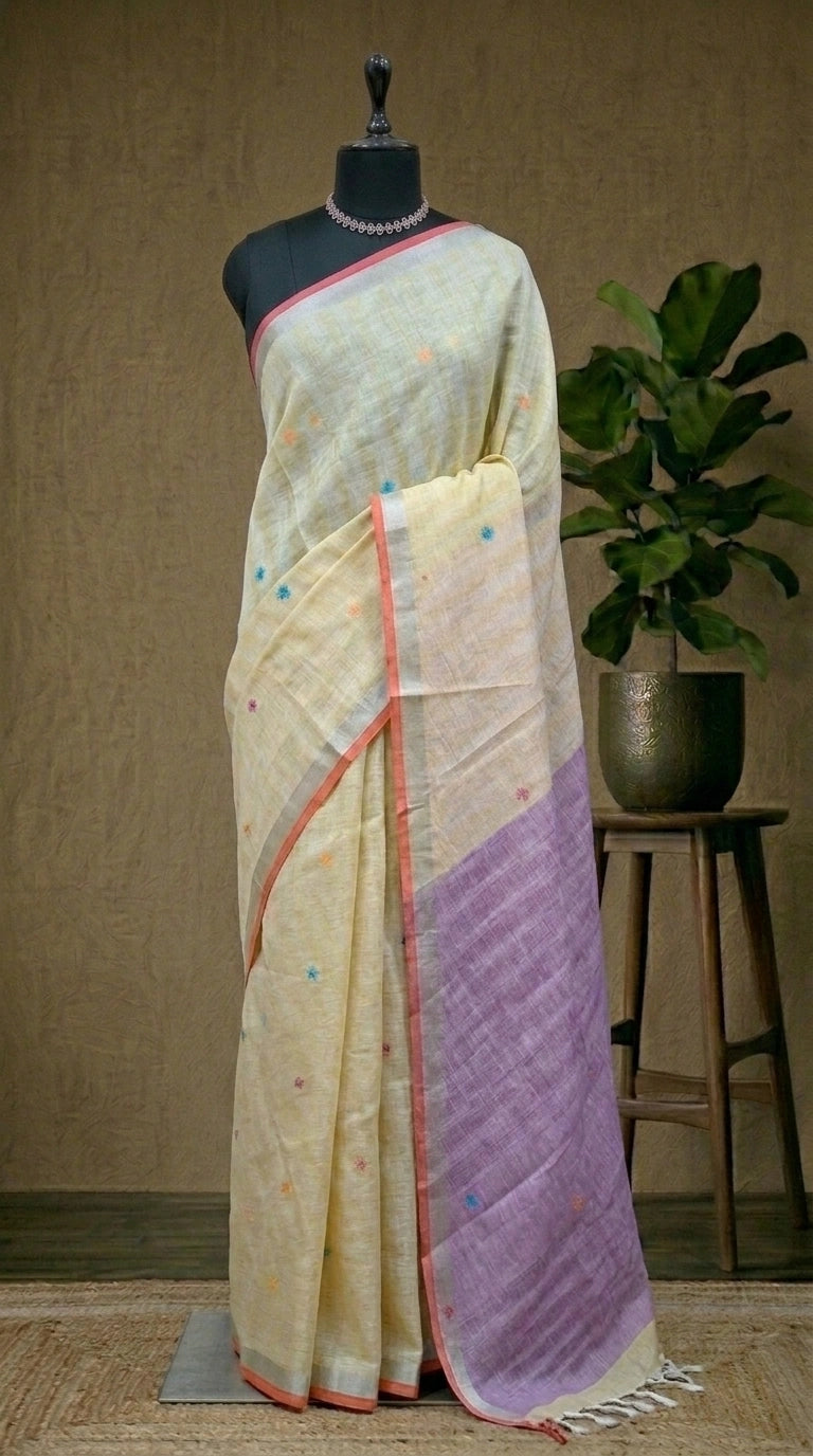 Pale yellow Pure Linen Saree