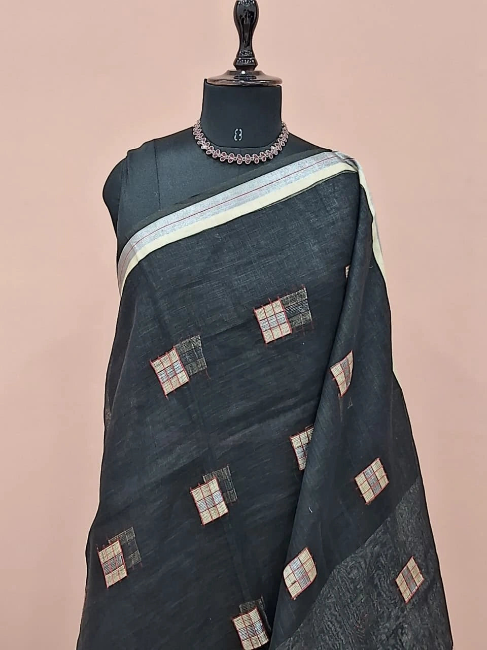 Deep Black Pure Linen Saree 1