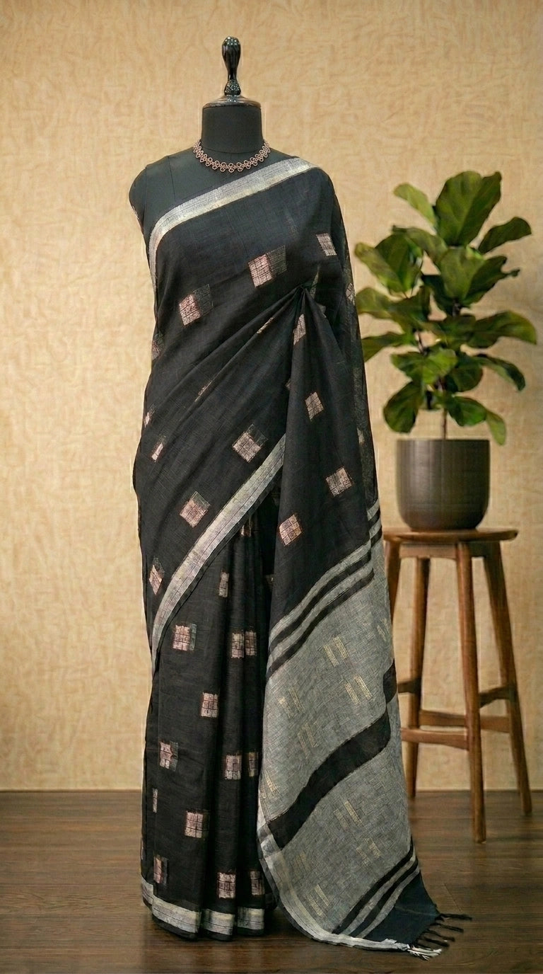 Deep Black Pure Linen Saree